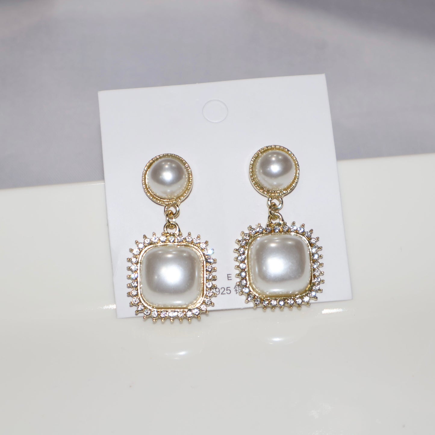 Diamond Square Pearl Drop Earrings
