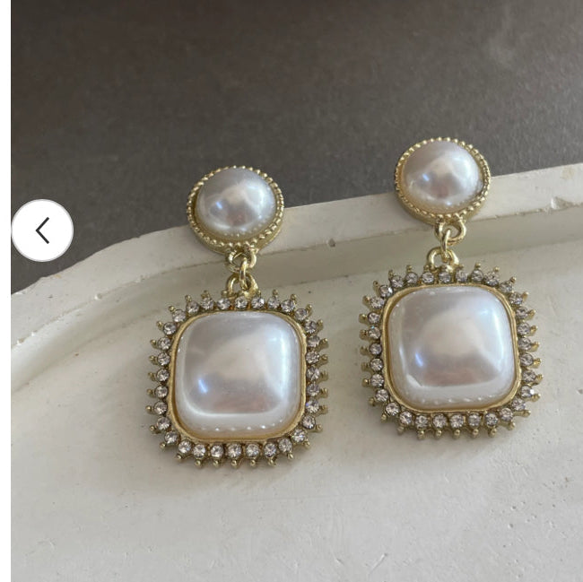 Diamond Square Pearl Drop Earrings
