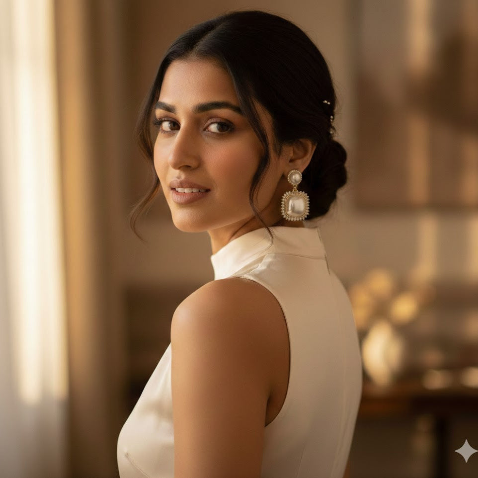 Diamond Square Pearl Drop Earrings