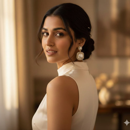 Diamond Square Pearl Drop Earrings