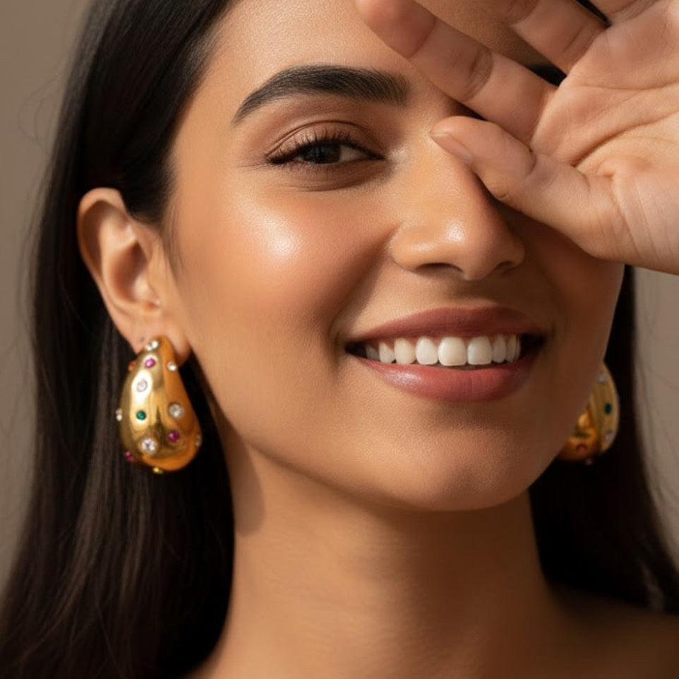 Gold Rhinestones Tear Drop Earrings