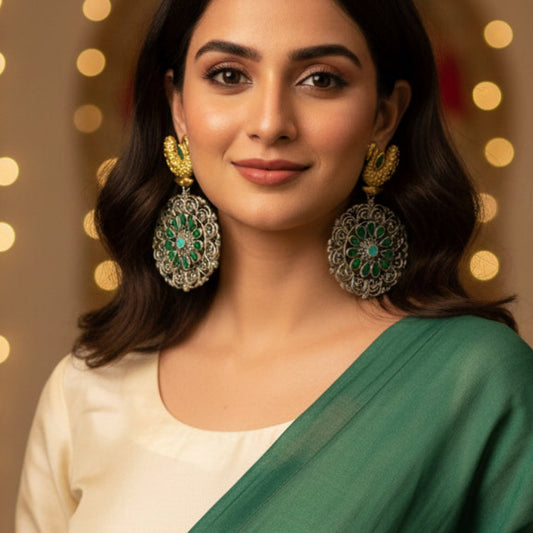 Antique Oxidized Swan Design Earrings for Women & Girls | Green Stone Studded Ethnic Long Earrings | Traditional Partywear & Festive Jewelry