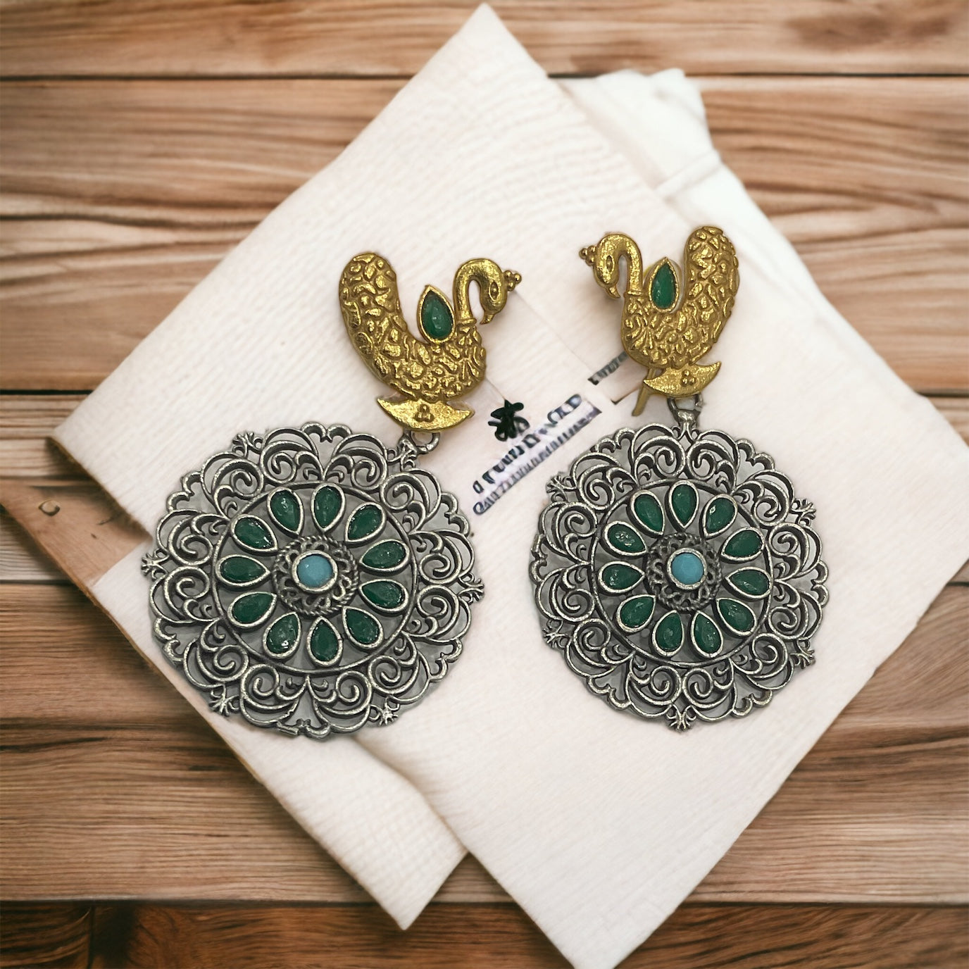Antique Oxidized Swan Design Earrings for Women & Girls | Green Stone Studded Ethnic Long Earrings | Traditional Partywear & Festive Jewelry