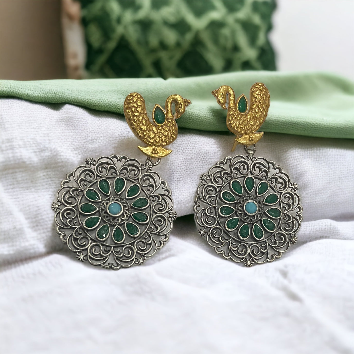 Antique Oxidized Swan Design Earrings for Women & Girls | Green Stone Studded Ethnic Long Earrings | Traditional Partywear & Festive Jewelry