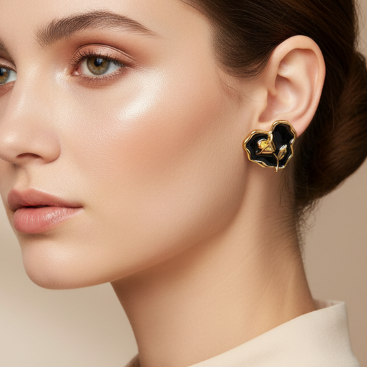 Elegant Black & Gold Floral Stud Earrings